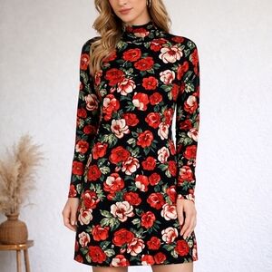 Dark Floral Velvet Mini Black w/ Multicolor Floral Design Dress Sz 14 Turtleneck